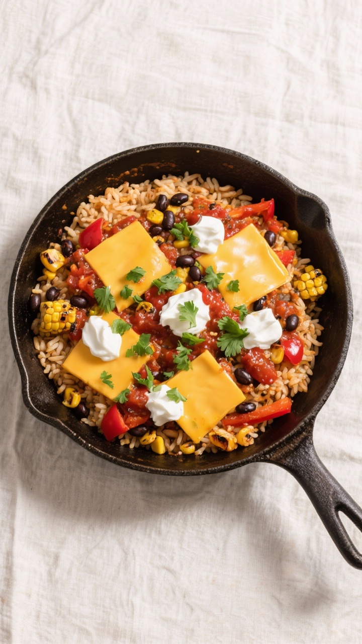 Pantry Clean Out Recipes For Budget Family Meals: Turn Forgotten Cans Into a 30-Minute Feast Everyone Will Crave Tasty top view: Southwest Skillet served family-style in a cast-iron pan—rice studded with black b
