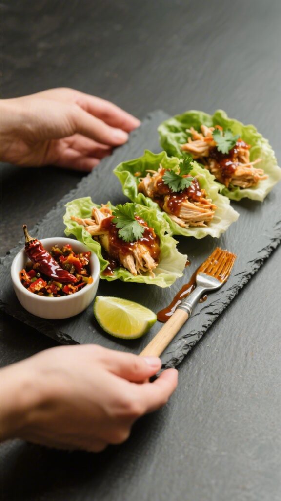 45 degree handheld style plating without hands: honey chipotle bbq chicken lettuce wraps on a slate platter; butter lettuce cups stuffed with shredded chicken coated in a glossy bbq honey chipotle glaze, garnished with cilantro and lime wedges; tiny bowl of chopped chipotle in adobo and a brush with sauce streaks; punchy, spicy energy, clean background.