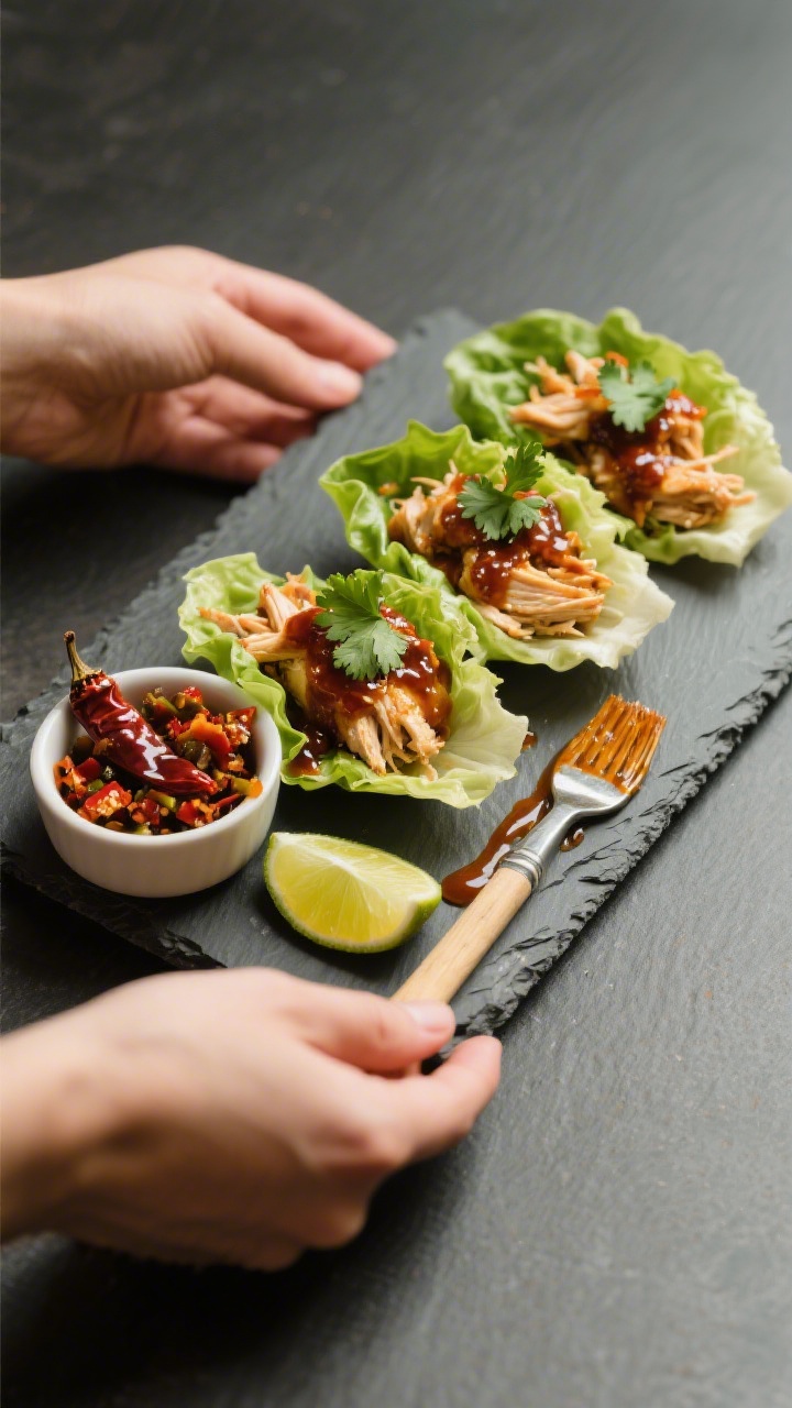 15 Bbq & Leftover Chicken Recipes You’ll Crave Again Tomorrow 45-degree handheld-style plating without hands: honey-chipotle BBQ chicken lettuce wraps on a slate platter; butter lettuce cups stuffed with shredded chicken coated in a glossy BBQ-honey-chipotle glaze, garnished with cilantro and lime wedges; tiny bowl of chopped chipotle in adobo and a brush with sauce streaks; punchy, spicy energy, clean background.