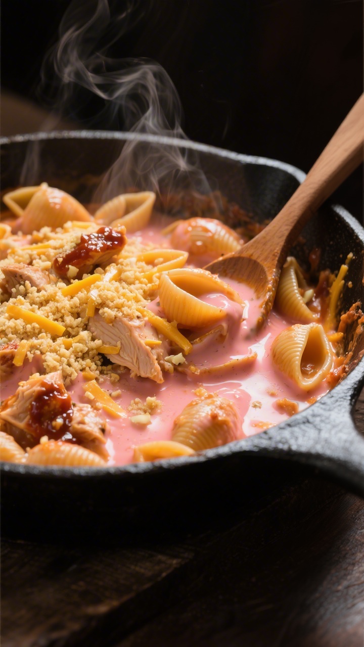 15 Bbq & Leftover Chicken Recipes You’ll Crave Again Tomorrow 45-degree skillet shot: creamy BBQ chicken pasta bubbling in a cast-iron skillet, short pasta shells coated in a glossy pink-orange sauce made from milk, BBQ sauce, and chicken broth, chunks of chopped leftover chicken throughout; golden garlic breadcrumbs sprinkled heavily on top, melted cheddar/moz strands visible; steam rising, wooden spoon resting on the rim, warm moody lighting.