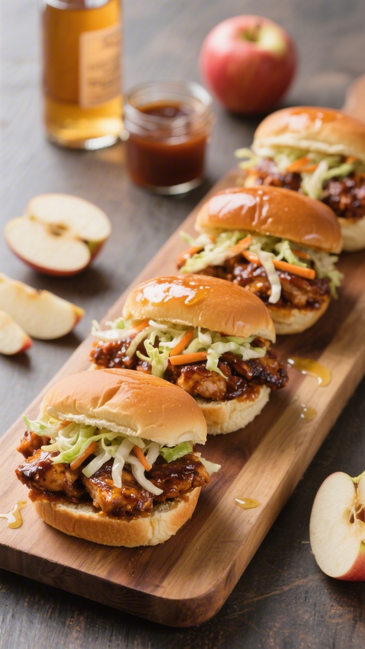 15 Bbq & Leftover Chicken Recipes You’ll Crave Again Tomorrow 45-degree slider spread: Carolina-style BBQ chicken sliders lined up on a wooden board; soft glossy slider buns brushed with melted butter; tangy vinegar-based BBQ chicken piled high and topped with crisp apple slaw (shredded cabbage and matchstick apples) peeking out; extra sauce in a small jar, a few apple slices and cider vinegar bottle as props.