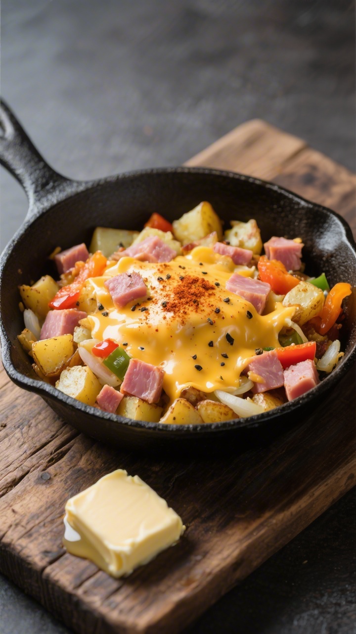 A 45-degree angle skillet scene: a cast-iron pan filled with a cheesy ham and potato breakfast hash—small diced golden potatoes, pink cubes of ham, chopped bell pepper and onion, speckled with smoked paprika and black pepper—cheese melted in rivulets; a pat of butter melting at the edge, set on a rustic wooden board.