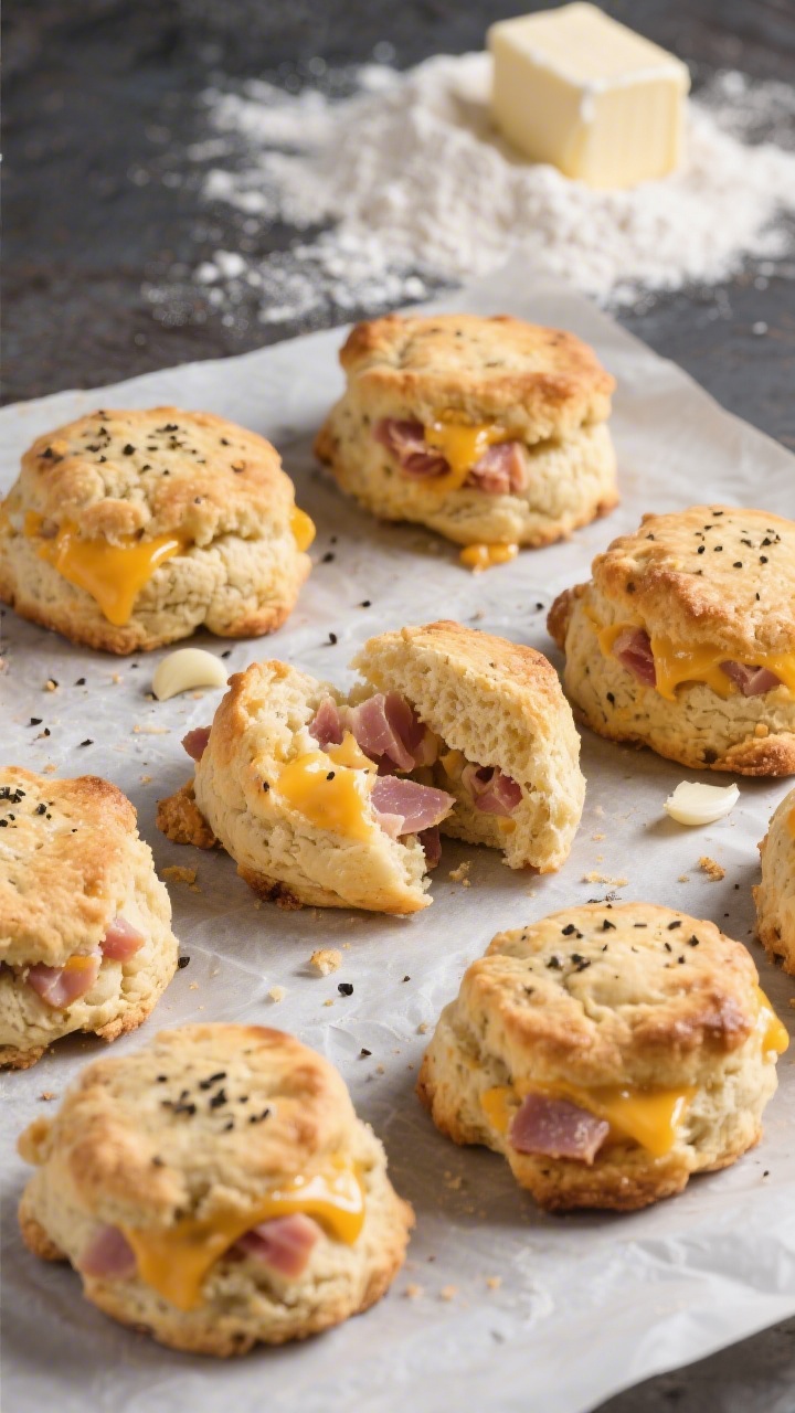 A 45-degree bakery-style scene of rustic ham and cheddar drop biscuits on a parchment-lined sheet: craggy, golden tops with melted cheddar pockets and specks of black pepper and garlic powder; cold butter cubes and a dusting of flour in the background, one biscuit split open to show soft, steamy interior with ham bits.