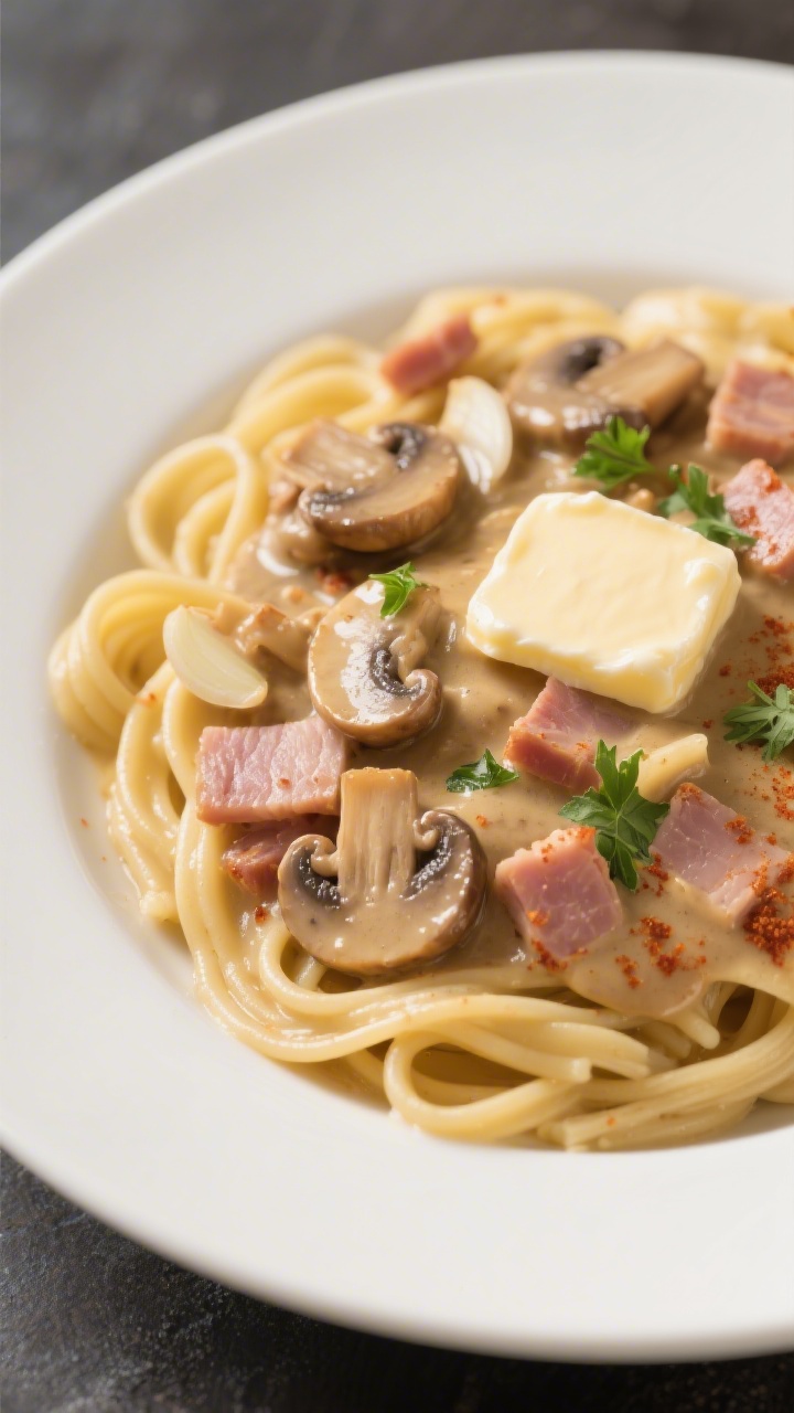 A 45-degree plate shot of creamy ham and mushroom stroganoff over buttered egg noodles: silky paprika-kissed mushroom sauce with onion, garlic, and diced ham coating wide noodles; a pat of butter melting into the noodles, parsley sprinkled lightly.