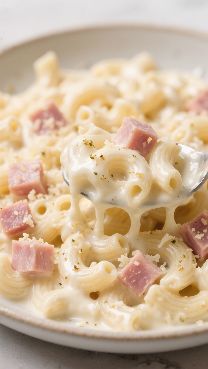 A close-up of Dijon ham and white cheddar mac ‘n’ cheese in a shallow bowl: elbow macaroni coated in a silky, glossy white cheddar sauce with Dijon and garlic powder, studded with pink ham cubes and hints of grated Parmesan; a spoon lifting a cheesy strand.