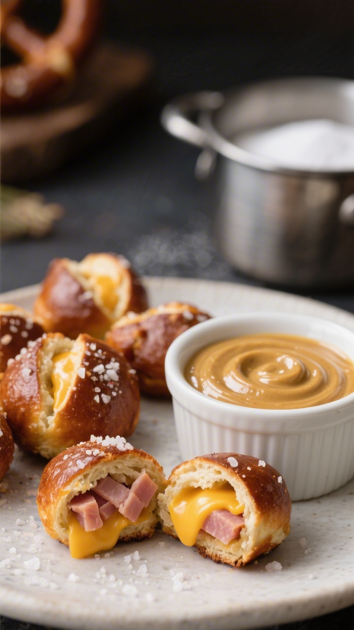 A close-up of ham and cheddar stuffed pretzel bites: deeply browned pretzel nuggets with coarse salt crystals, split to reveal molten cheddar and diced ham; a ramekin of maple mustard dip with a glossy swirl beside them; baking soda bath pot blurred in background.