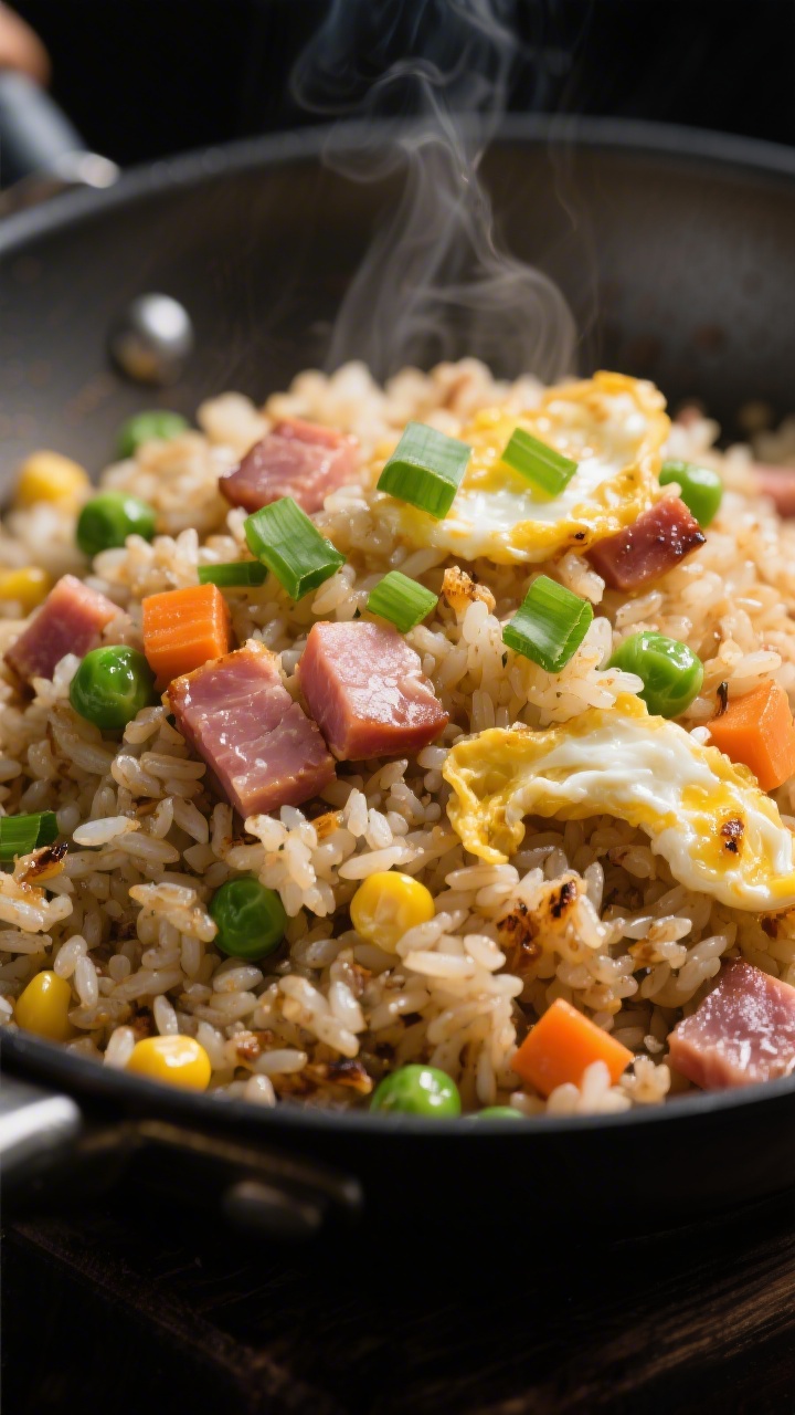 A close-up wok shot of 15-minute ham fried rice: day-old rice with glossy neutral oil sheen, diced ham, peas, carrots, corn, and ribbons of scrambled egg, garnished with sliced green onions; grains distinct and slightly charred, steam visible against a dark background.