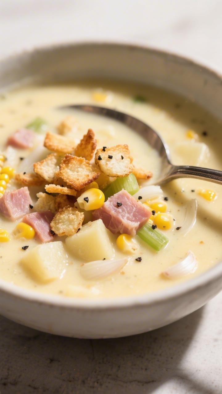 A cozy bowl shot of ham and corn chowder topped with crispy potato bits: creamy pale-yellow chowder with diced potatoes, corn kernels, ham, onion, celery, and garlic; garnished with crunchy tiny potato toppers and a grind of black pepper; spoon resting in the bowl.