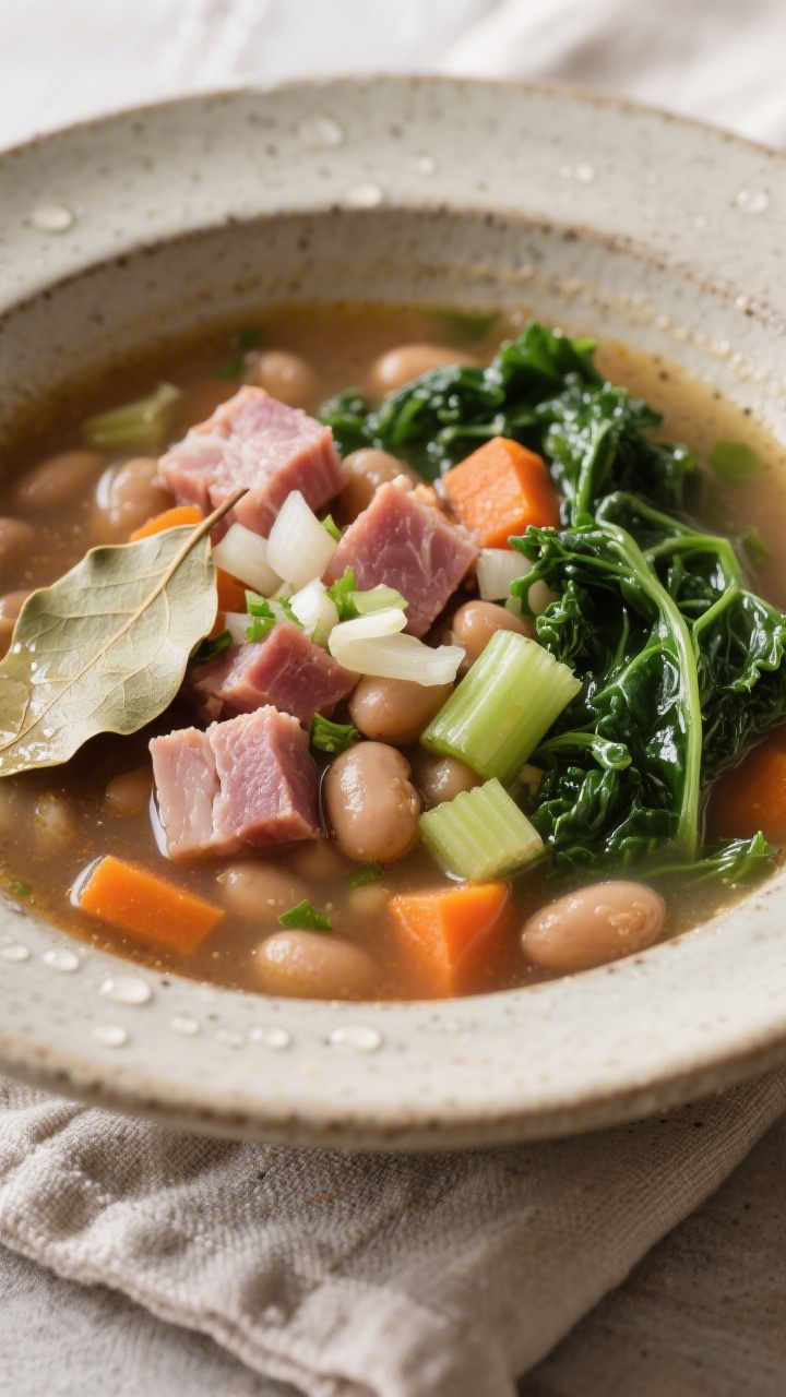 A cozy, straight-on bowl shot of ham, bean, and kale soup: hearty broth with diced ham, chopped onion, carrots, celery, minced garlic, wilted kale ribbons, and a bay leaf peeking out; served in a stoneware bowl on a linen napkin, droplets clinging to the surface to suggest warmth.