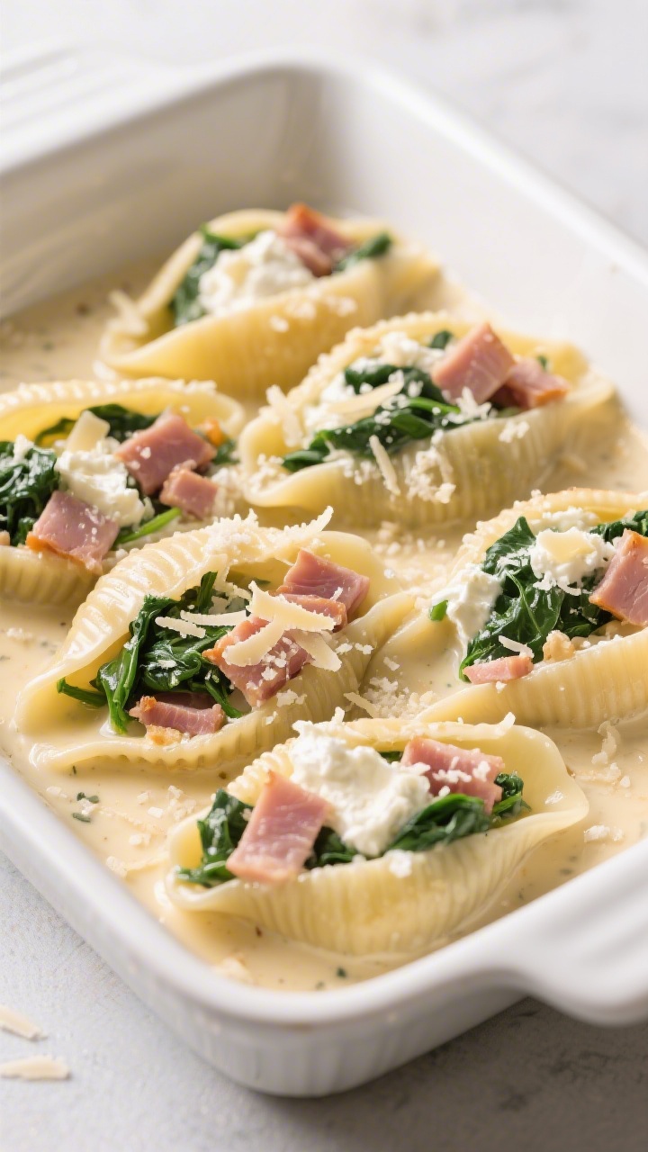 A plated, 45-degree shot of ham and spinach stuffed jumbo shells smothered in creamy ricotta Alfredo: shells nestled in a white baking dish, filling of ricotta, mozzarella, Parmesan, diced ham, and chopped spinach visible; glossy sauce pooled around, sprinkled with extra Parmesan.