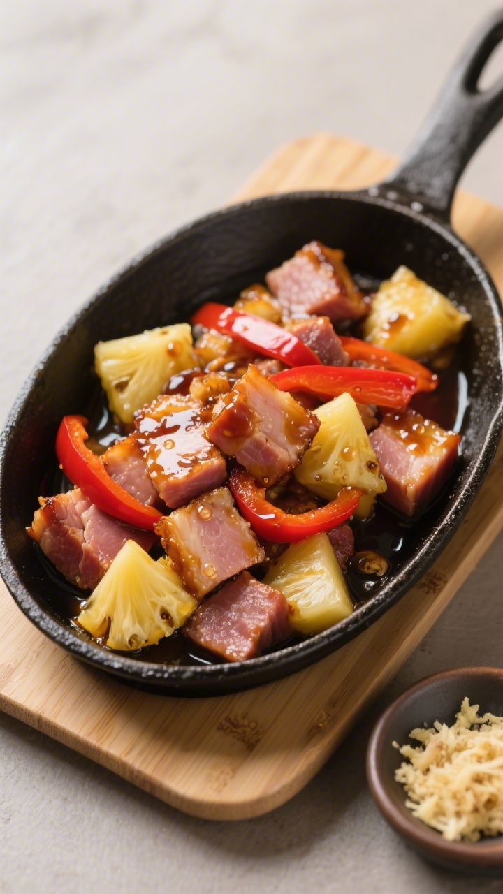 A sizzling 45-degree skillet shot of ham and pineapple teriyaki: caramelized diced ham with red bell pepper strips and juicy pineapple chunks glazed in teriyaki, micro-bubbles of sauce at the edges; grated ginger on a small dish nearby, served in a black skillet on a bamboo board.