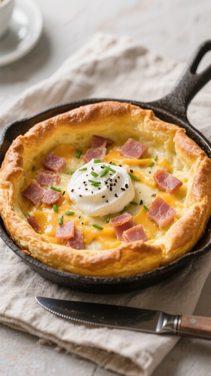 A straight-on brunch presentation of a ham and cheddar Dutch baby: tall, puffy golden edges in a cast-iron skillet, center dotted with diced ham and melted cheddar; topped with a dollop of chive crème fraîche, black pepper flecks visible; set on a linen with a knife for slicing.