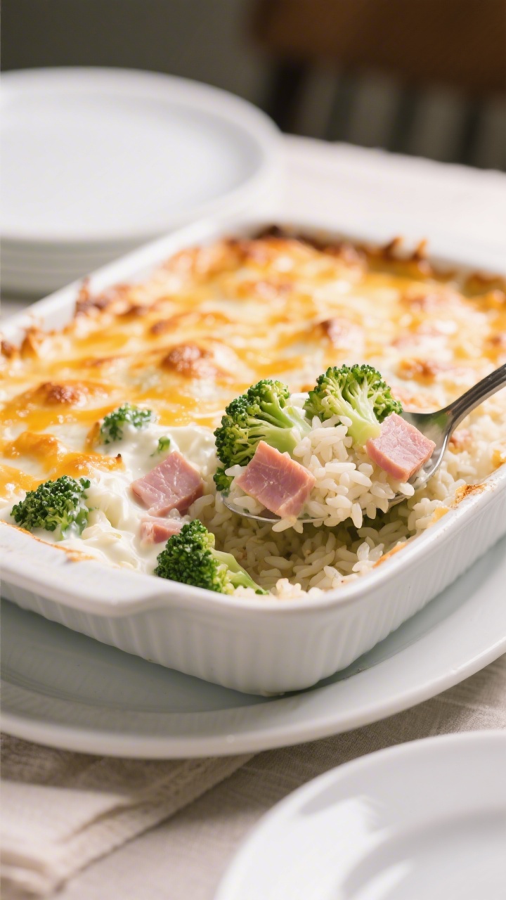 A straight-on casserole shot of creamy ham and broccoli rice bake: bubbly, lightly browned cheese on top, spoon scooping to reveal tender rice, green broccoli florets, and pink ham in a creamy sauce made with sour cream and cream soup; set on a family-style table with simple white plates.