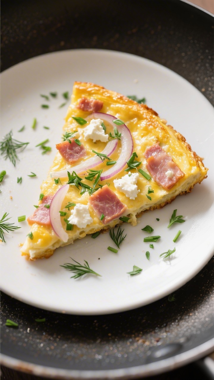 A straight-on slice of ham, goat cheese, and herb frittata: custardy eggs set in a nonstick pan with thinly sliced onion, diced ham, creamy goat cheese dollops, and chopped fresh herbs (parsley, chives, dill); golden edges, a wedge plated with extra herbs sprinkled on top.
