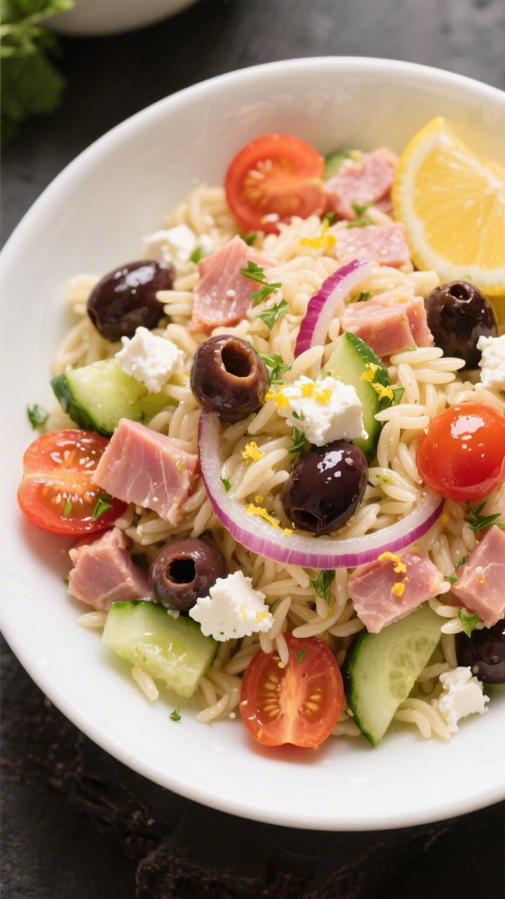 An overhead bright Mediterranean ham orzo salad: orzo tossed with diced ham, cherry tomato halves, cucumber, finely chopped red onion, sliced Kalamata olives, and crumbled feta; glistening from lemon herb vinaigrette with visible zest and chopped herbs; served in a white bowl.