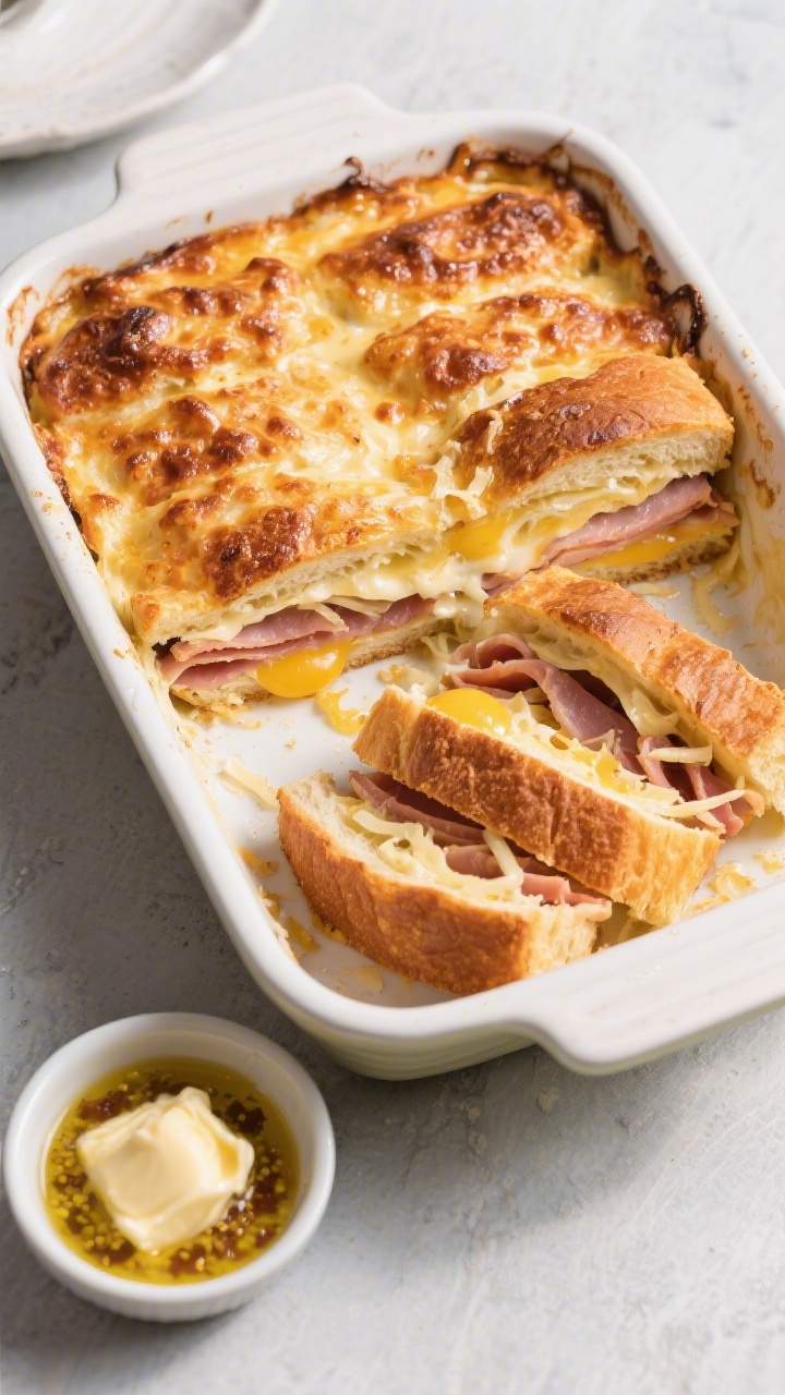 An overhead casserole dish of ham and Gruyère croque-monsieur bake: thick brioche slices layered with ham and shredded Gruyère, custard of eggs and milk absorbed, top browned and bubbly; softened butter and a hint of Dijon visible in a small bowl; slices cut to show strata.