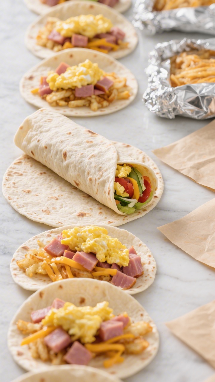 An overhead freezer-meal prep scene: a row of flour tortillas being filled with scrambled eggs, diced ham, shredded cheddar/Jack, and optional hash browns; one burrito rolled tight, others open to show colorful filling; parchment squares and foil on the side for wrapping.