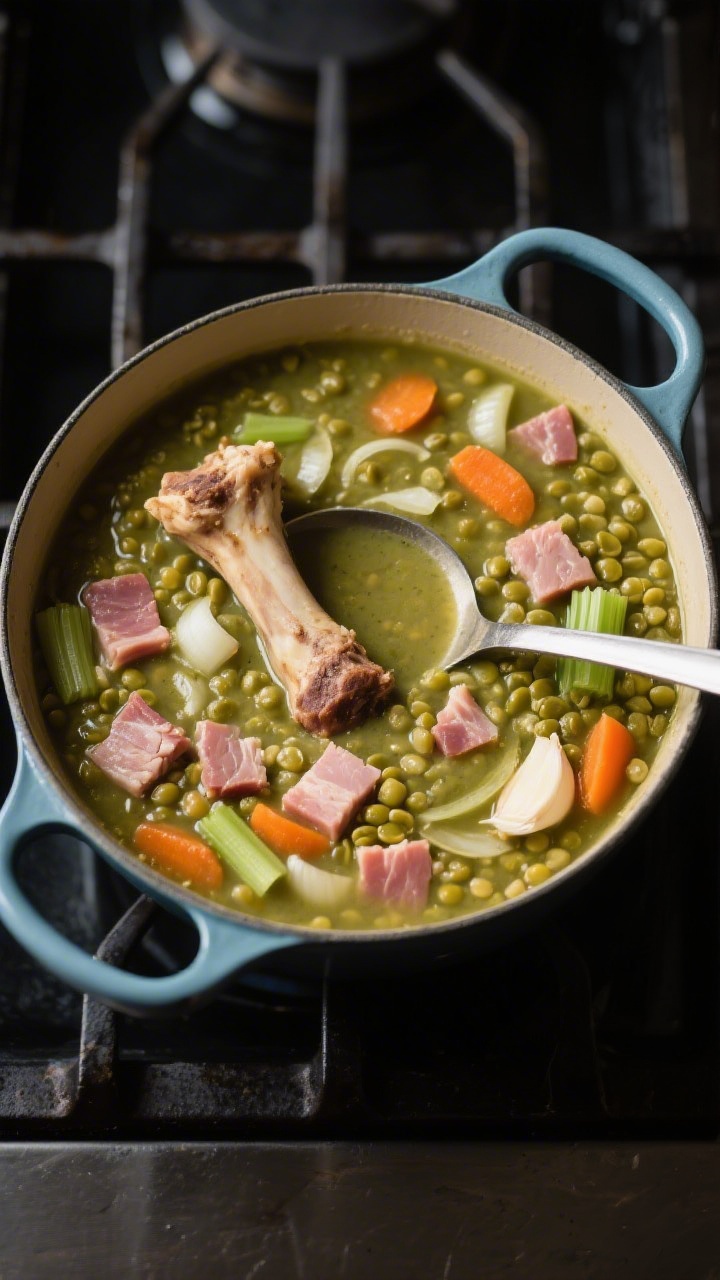 An overhead pot shot of split pea soup with ham: thick, velvety green split pea base studded with diced ham, softened onion, carrots, celery, and garlic; a ham bone half-submerged for authenticity; served with a ladle resting on a dark stovetop for a homestyle vibe.