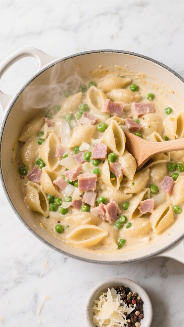 An overhead shot of a creamy one-pot ham and pea pasta in a wide enamel braiser: short pasta shells coated in silky sauce with visible peas, diced leftover ham, finely chopped onion and garlic flecks, glossy from olive oil and butter; steam rising, a wooden spoon nestled in, on a light marble surface with a small bowl of grated cheese and cracked pepper nearby.
