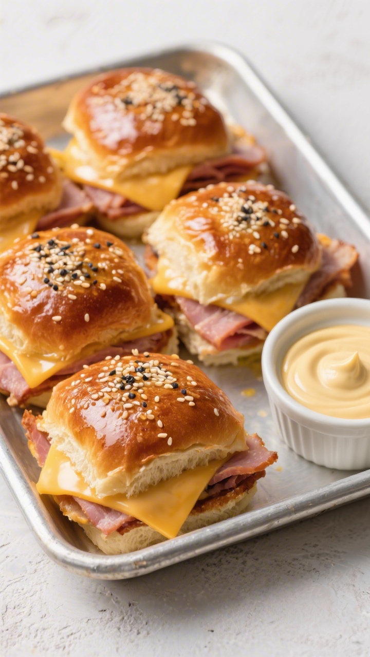 An overhead tray of baked ham and Swiss sliders on Hawaiian rolls: shiny honey-mustard butter–brushed tops sprinkled with sesame and poppy seeds, cheese edges melted and ham layered thick; a small ramekin of Dijon-mayo off to the side, rolls pulled slightly apart to reveal the filling.