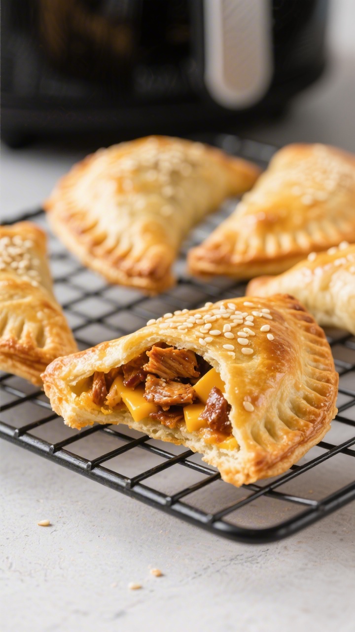 15 Bbq & Leftover Chicken Recipes You’ll Crave Again Tomorrow Close-up golden pastry: BBQ chicken and cheddar hand pies on a cooling rack; puff pastry triangles with flaky, deeply golden layers, sesame seeds sprinkled on top, faint seams of melted cheddar at the edges; one pie broken open to reveal saucy chopped chicken and cheddar filling; egg wash sheen, air fryer basket blurred in background.
