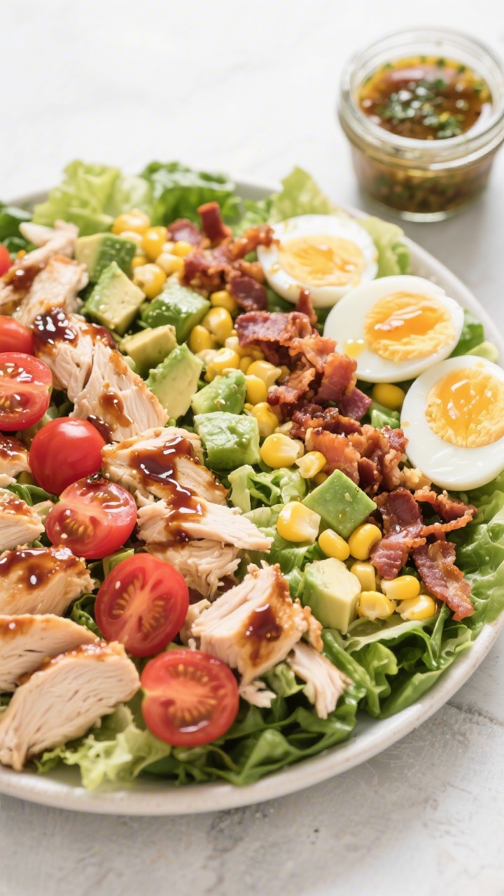 15 Bbq & Leftover Chicken Recipes You’ll Crave Again Tomorrow Overhead chopped salad composition: BBQ chicken Cobb salad arranged in neat sections over chopped romaine—chopped leftover chicken with a glossy BBQ sheen, cherry tomato halves, diced avocado, corn kernels, crumbled bacon, and sliced hard-boiled eggs; small jar of tangy herb dressing with condensation, dressing just beginning to drizzle; crisp, bright greens and reds.