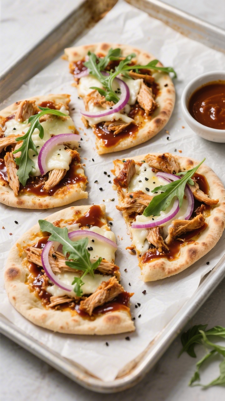 15 Bbq & Leftover Chicken Recipes You’ll Crave Again Tomorrow Overhead flat lay: BBQ chicken naan pizzas on a parchment-lined sheet pan; naan brushed with BBQ sauce, topped with shredded chicken, melted mozzarella, thin crescents of red onion; post-bake sprinkle of fresh arugula glistening with a touch of olive oil and cracked black pepper; a small bowl of extra sauce nearby, casual weeknight vibe.