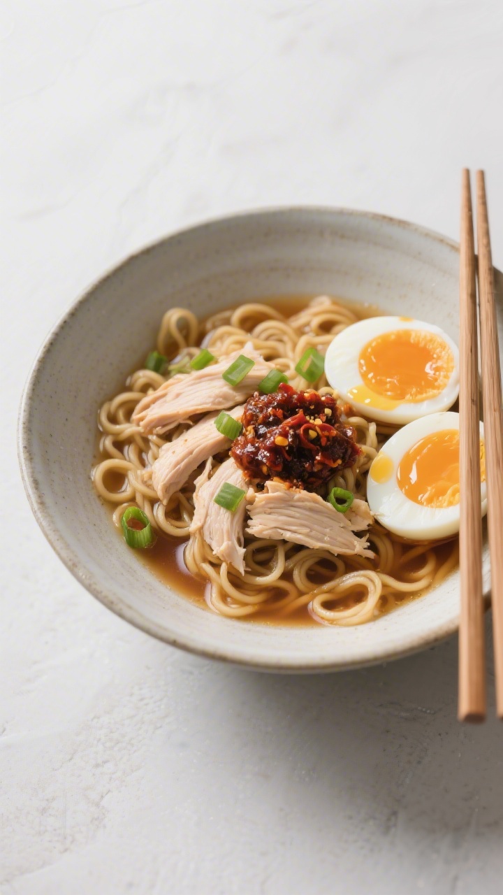 15 Bbq & Leftover Chicken Recipes You’ll Crave Again Tomorrow Overhead ramen bowl: quick BBQ chicken ramen in a wide ceramic bowl; curly noodles in a light amber broth made from chicken stock, soy sauce, and a hint of BBQ; shredded chicken nestled alongside jammy halved eggs with glossy yolks; a dab of chili garlic sauce, scallions sprinkled; minimalist, modern styling with chopsticks crossing the rim.