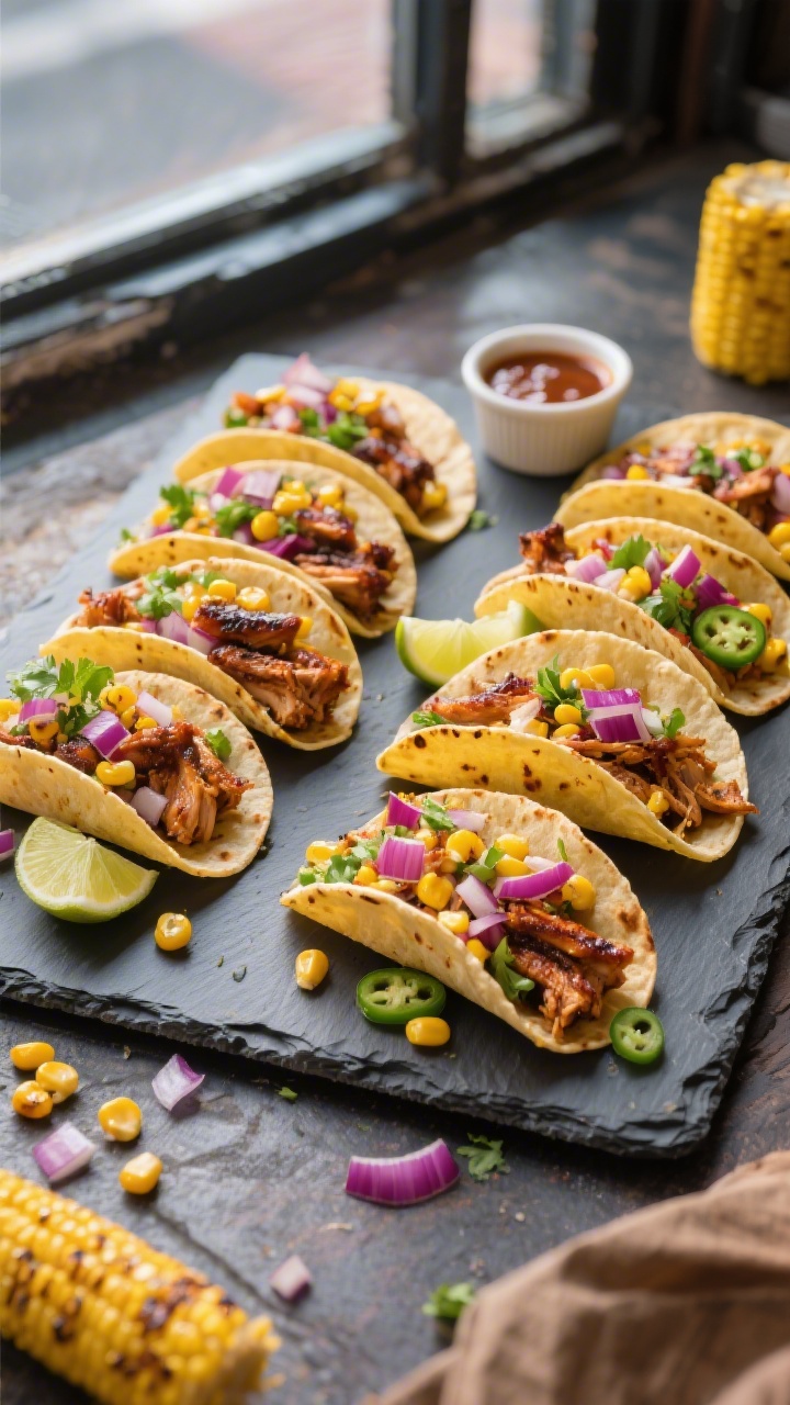15 Bbq & Leftover Chicken Recipes You’ll Crave Again Tomorrow Overhead street-style scene: smoky BBQ chicken street tacos arranged on a slate board, 8 warm corn tortillas folded and filled with shredded leftover BBQ chicken, charred corn salsa with visible golden blistered kernels, finely diced red onion, minced jalapeño, cilantro, and lime wedges; a small ramekin of extra BBQ sauce, scattered corn and onion bits, soft natural window light, high contrast, vibrant yellows and purples.