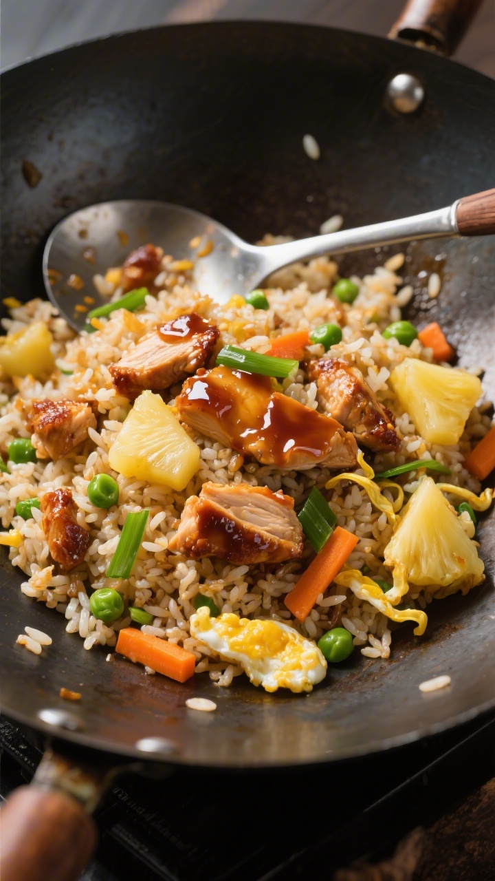 15 Bbq & Leftover Chicken Recipes You’ll Crave Again Tomorrow Overhead wok shot: sticky-sweet BBQ chicken fried rice with pineapple; day-old rice tossed with diced leftover chicken, juicy pineapple chunks, bright green peas and orange carrots, thin slices of green onion; glossy sheen from sauce, visible scrambled egg ribbons; a metal wok spatula resting in the pan; crisp, punchy colors, high clarity.