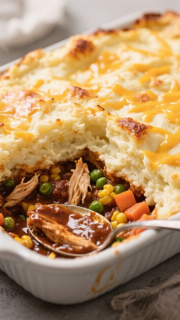 straight on casserole cross section: bbq chicken shepherd’s pie in a baking dish; bottom layer of saucy shredded chicken with mixed veggies (corn, peas, carrots) shimmering in a bbq worcestershire gravy; top crowned with swoopy cheddar mash, lightly browned and speckled with melted cheddar; serving spoon revealing layers; warm, homestyle mood.