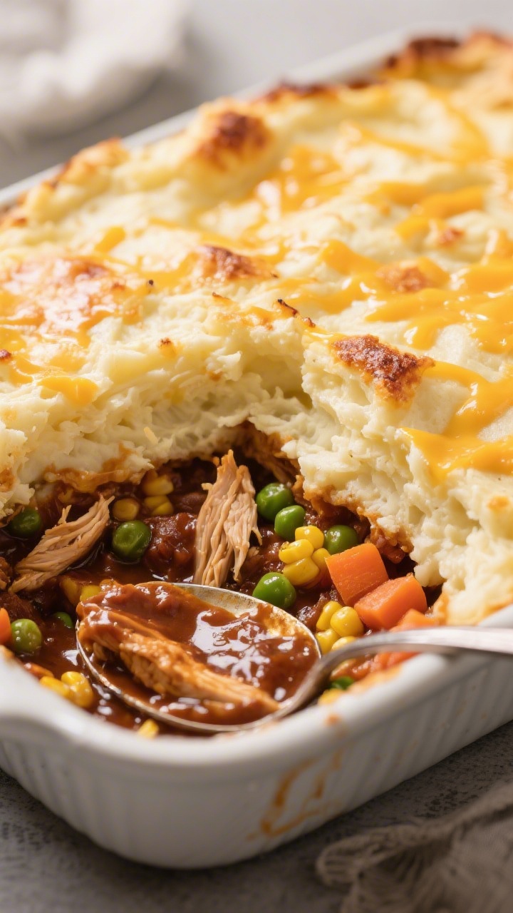 15 Bbq & Leftover Chicken Recipes You’ll Crave Again Tomorrow Straight-on casserole cross-section: BBQ chicken shepherd’s pie in a baking dish; bottom layer of saucy shredded chicken with mixed veggies (corn, peas, carrots) shimmering in a BBQ-Worcestershire gravy; top crowned with swoopy cheddar mash, lightly browned and speckled with melted cheddar; serving spoon revealing layers; warm, homestyle mood.