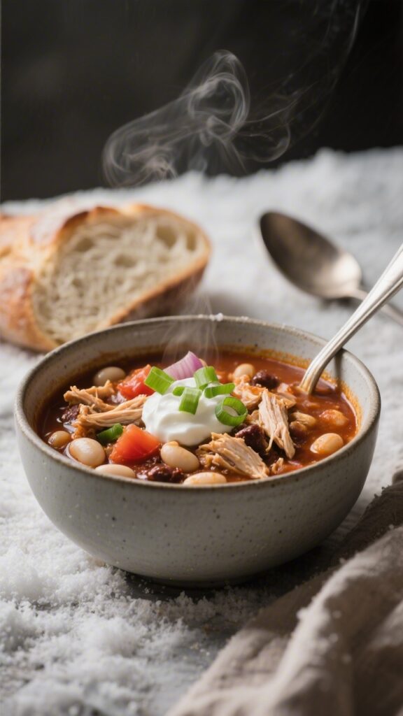 straight on hearty bowl: one pot bbq chicken and white bean chili ladled into a matte ceramic bowl; visible shreds of chicken, creamy white beans, diced tomatoes, onions, and garlic in a smoky, ruddy broth; garnished with sliced green onion and a dollop of sour cream; crusty bread and a ladle in the background; steam and cozy, wintry lighting.