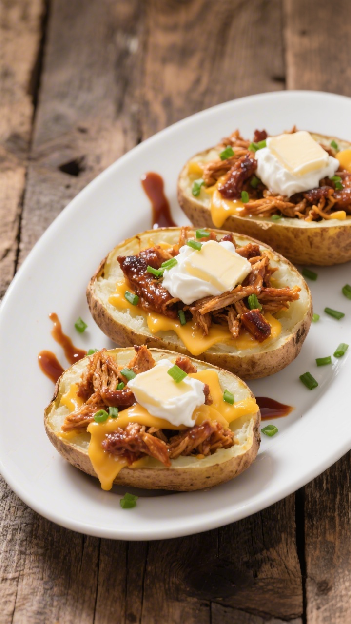 15 Bbq & Leftover Chicken Recipes You’ll Crave Again Tomorrow Straight-on plated comfort: loaded BBQ chicken baked potatoes on a white oval platter; russet potatoes split open and fluffed, stuffed with saucy shredded BBQ chicken, melted cheddar pooling in crevices, dollops of sour cream, pats of butter melting, chopped chives sprinkled generously; extra BBQ sauce drizzled; rustic wooden table, cozy farmhouse vibe.