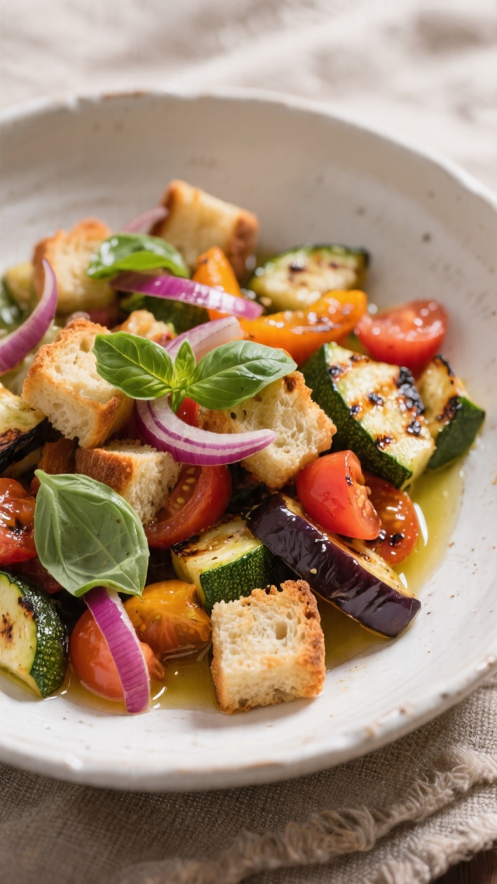 45-degree angle of grilled veggie panzanella in a white ceramic bowl: chunky stale bread cubes tossed with chopped leftover grilled zucchini, peppers, and eggplant, ripe tomato chunks, thin red onion crescents, and torn fresh basil leaves; glistening olive oil sheen, rustic linen beneath.
