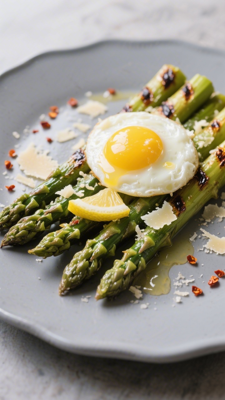 30 Spring Recipes That Are Light, Fresh & Full of Flavor You’ll Make on Repeat 45-degree asparagus plate: grilled asparagus spears with char lines, drizzled with lemon juice, showered with shaved Parmesan, topped with a perfectly poached egg oozing golden yolk; a pinch of chili flakes scattered on a matte plate.