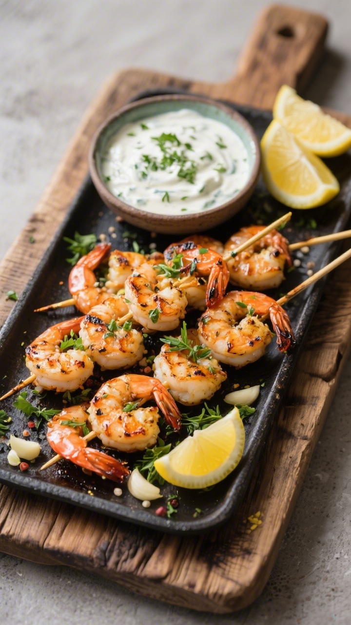 30 Spring Recipes That Are Light, Fresh & Full of Flavor You’ll Make on Repeat 45-degree grill platter of lemon-herb shrimp skewers: char-kissed large shrimp skewered and brushed with olive oil, lemon juice and zest, grated garlic, parsley, oregano, salt and pepper; served with a cool herbed yogurt sauce in a small bowl and lemon halves on a rustic board.