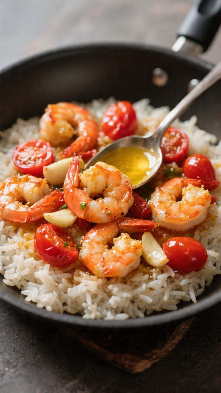 45-degree pan shot of tomato-butter shrimp over rice: plump shrimp sautéed in butter and olive oil with sliced garlic and burst cherry tomatoes; glossy, buttery sauce spooned over a bed of day-old rice; vibrant red and golden tones.