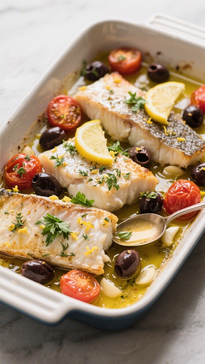 30 Spring Recipes That Are Light, Fresh & Full of Flavor You’ll Make on Repeat A 45-degree baking dish scene: cod fillets roasted with cherry tomatoes and Kalamata olives, bathed in olive oil, minced garlic, lemon zest and juice, and dried oregano; flaky fish just pulling apart, pan juices spooned over, finished with fresh parsley and lemon slices.
