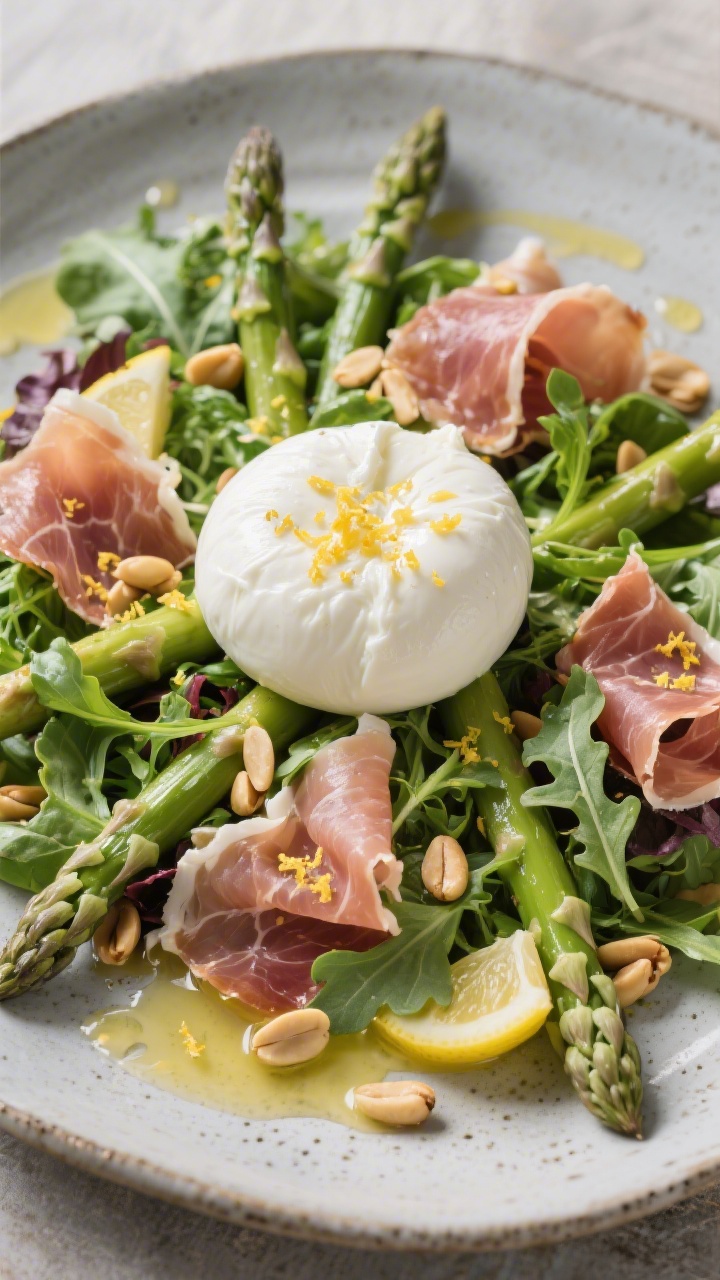 30 Spring Recipes That Are Light, Fresh & Full of Flavor You’ll Make on Repeat A 45-degree bistro-style salad presentation: tender asparagus spears atop arugula and mixed spring greens, torn prosciutto ruffles, a large creamy burrata ball in the center, toasted pine nuts scattered, and fresh lemon zest over everything; drizzled with a light lemony vinaigrette on a matte stoneware platter.
