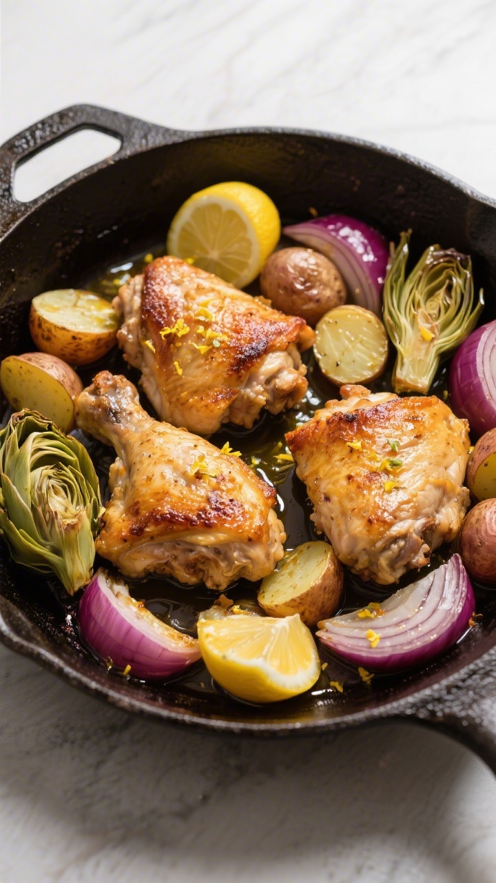 30 Spring Recipes That Are Light, Fresh & Full of Flavor You’ll Make on Repeat A 45-degree one-pan roast: golden, crispy-skinned chicken thighs nestled among halved baby potatoes, lemony artichoke hearts, and red onion wedges, all glossed with olive oil, lemon juice, and lemon zest; browned edges and caramelized bits visible in a cast-iron skillet.