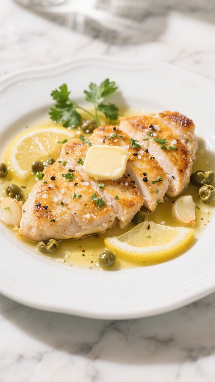 30 Spring Recipes That Are Light, Fresh & Full of Flavor You’ll Make on Repeat A 45-degree plated shot of lemon-herb chicken piccata: golden seared small chicken cutlets lightly dredged in flour, glistening in a buttery olive oil sauce with minced garlic, lemon slices, and capers, sprinkled with kosher salt and cracked black pepper, finished with a pat of melting butter, served on a white ceramic plate with a few parsley leaves on a sunlit marble countertop.