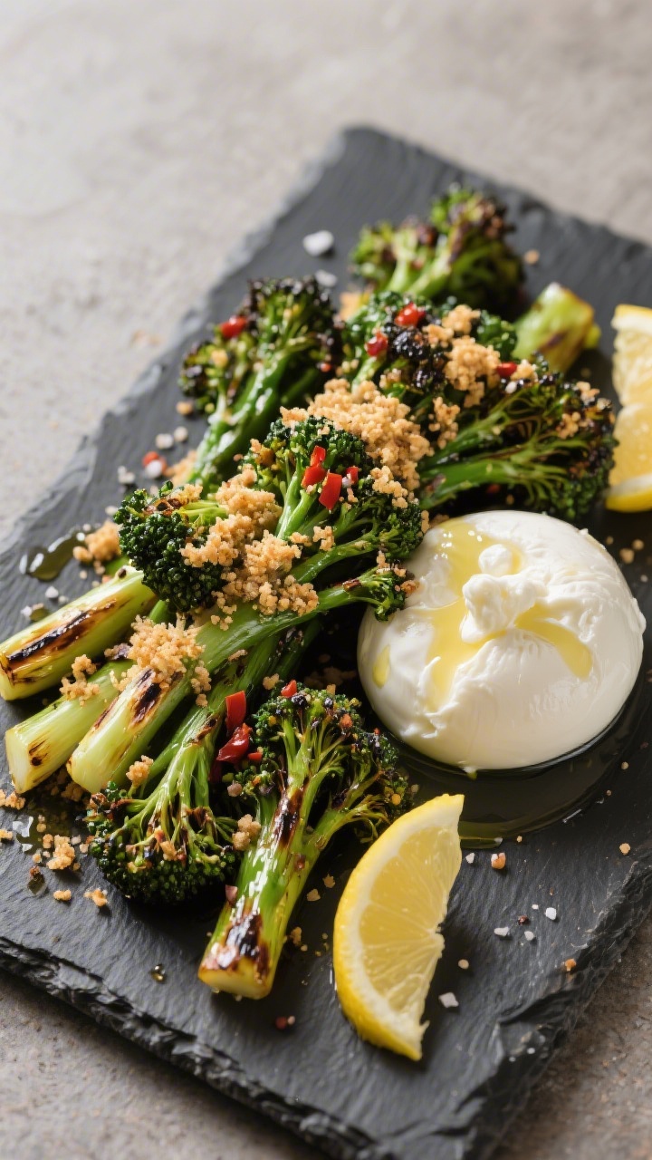 30 Spring Recipes That Are Light, Fresh & Full of Flavor You’ll Make on Repeat A 45-degree serving plate of charred broccolini and burrata: blistered, olive-oil-brushed broccolini with coarse salt and pepper, showered in chili-lemon panko breadcrumbs toasted in butter, a creamy burrata ball nestled alongside, served with lemon wedges on a slate platter.