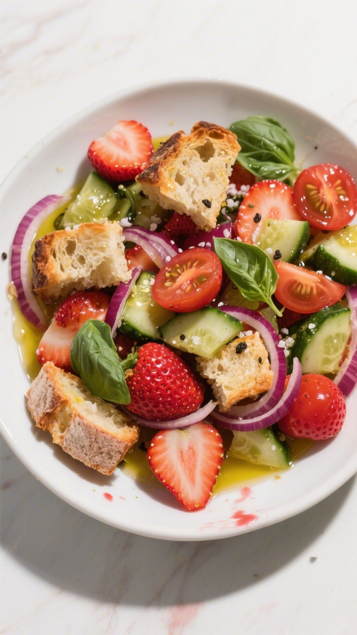 30 Spring Recipes That Are Light, Fresh & Full of Flavor You’ll Make on Repeat A colorful overhead panzanella: day-old crusty bread torn into rustic chunks, glistening with olive oil, tossed with halved strawberries and cherry tomatoes, sliced cucumber, ribbons of red onion, and torn basil, seasoned with kosher salt and black pepper; presented in a wide white bowl with strawberry juice staining the bread edges.