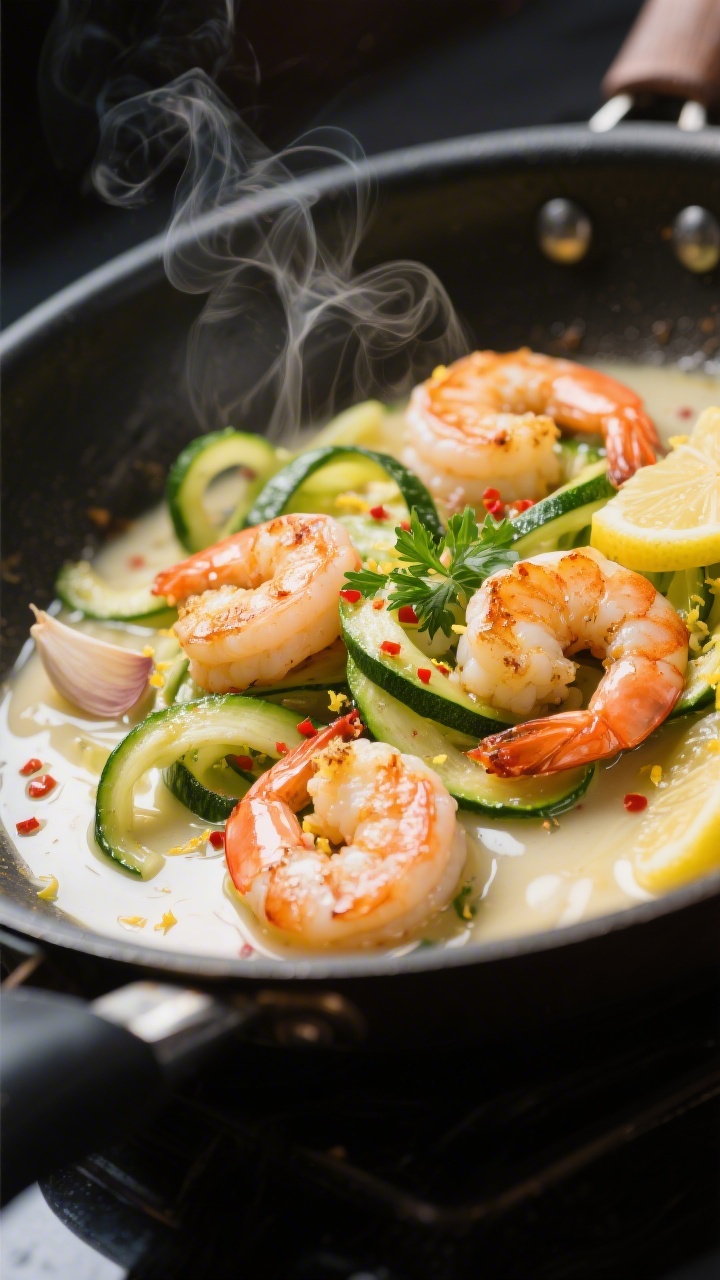30 Spring Recipes That Are Light, Fresh & Full of Flavor You’ll Make on Repeat A dynamic 45-degree skillet shot of shrimp scampi with zucchini ribbons: large shrimp seared in olive oil and butter, thin garlic slices and a pinch of red pepper flakes visible in the glossy white wine-lemon pan sauce, tossed with wide green zucchini ribbons, garnished with parsley and lemon zest, steam curling upward.