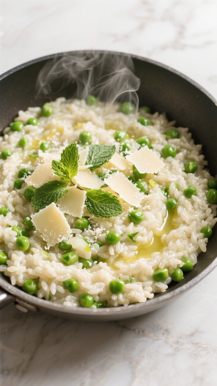 30 Spring Recipes That Are Light, Fresh & Full of Flavor You’ll Make on Repeat An overhead shot of spring pea risotto in a wide shallow pan: creamy Arborio rice swirled with bright green peas, flecks of finely chopped shallot, and glossy from olive oil and dry white wine, topped with a shower of grated Parmesan and torn mint leaves, steam gently rising against a light, airy kitchen backdrop.