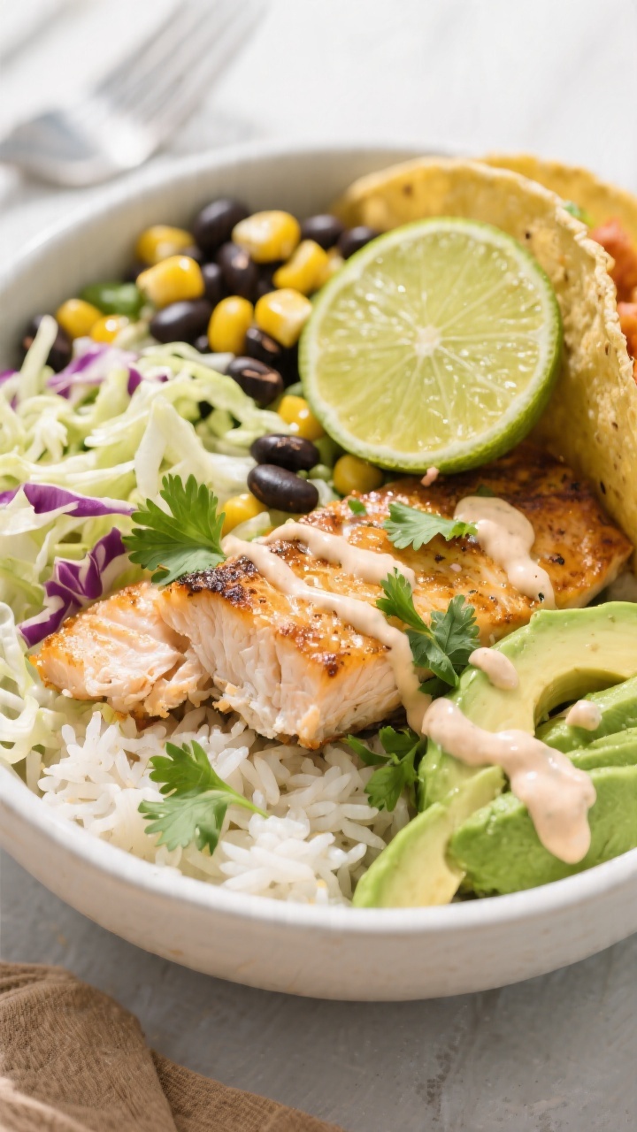 Bowl-style fish taco setup at 45 degrees: rice base with flaked leftover grilled fish, shredded cabbage, corn, black beans, and avocado slices; lime wedge and a drizzle of creamy sauce; cilantro sprinkled; sunny, beachy vibe.
