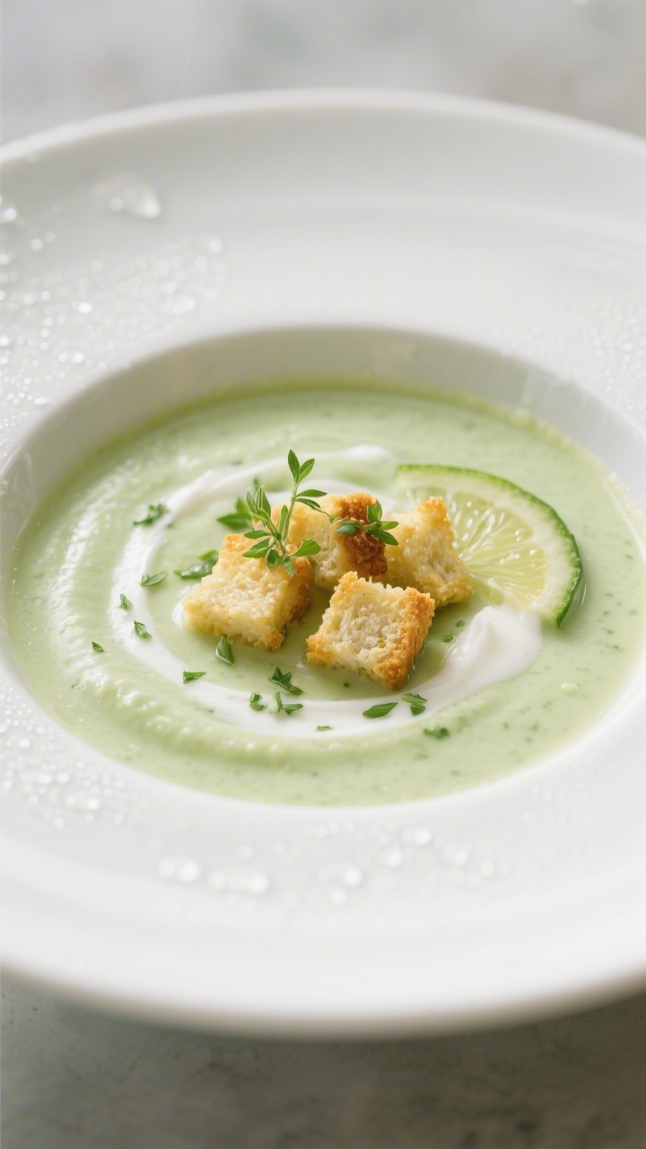 30 Spring Recipes That Are Light, Fresh & Full of Flavor You’ll Make on Repeat Chilled soup in a straight-on bowl: pale green creamy cucumber, avocado, and lime soup blended with Greek yogurt, water, and a whisper of garlic, poured velvety-smooth, topped with golden herb croutons and a sprinkle of chopped herbs; condensation on the bowl hinting at cold temperature.