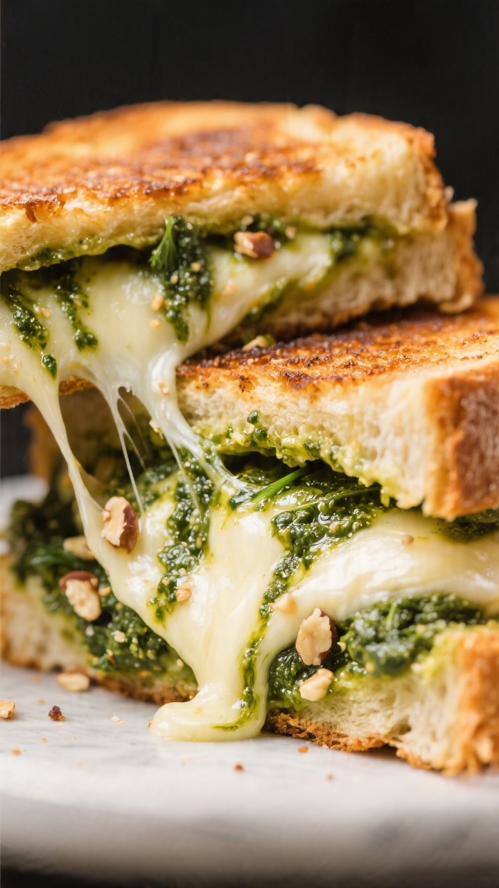 Close-up cross-section of pesto grilled cheese: sturdy bread toasted deep golden, oozing mozzarella/provolone with streaks of super-green pesto made from leftover greens and herbs, tiny garlic flecks and nut crumbs visible; cheese stretch captured mid-pull.