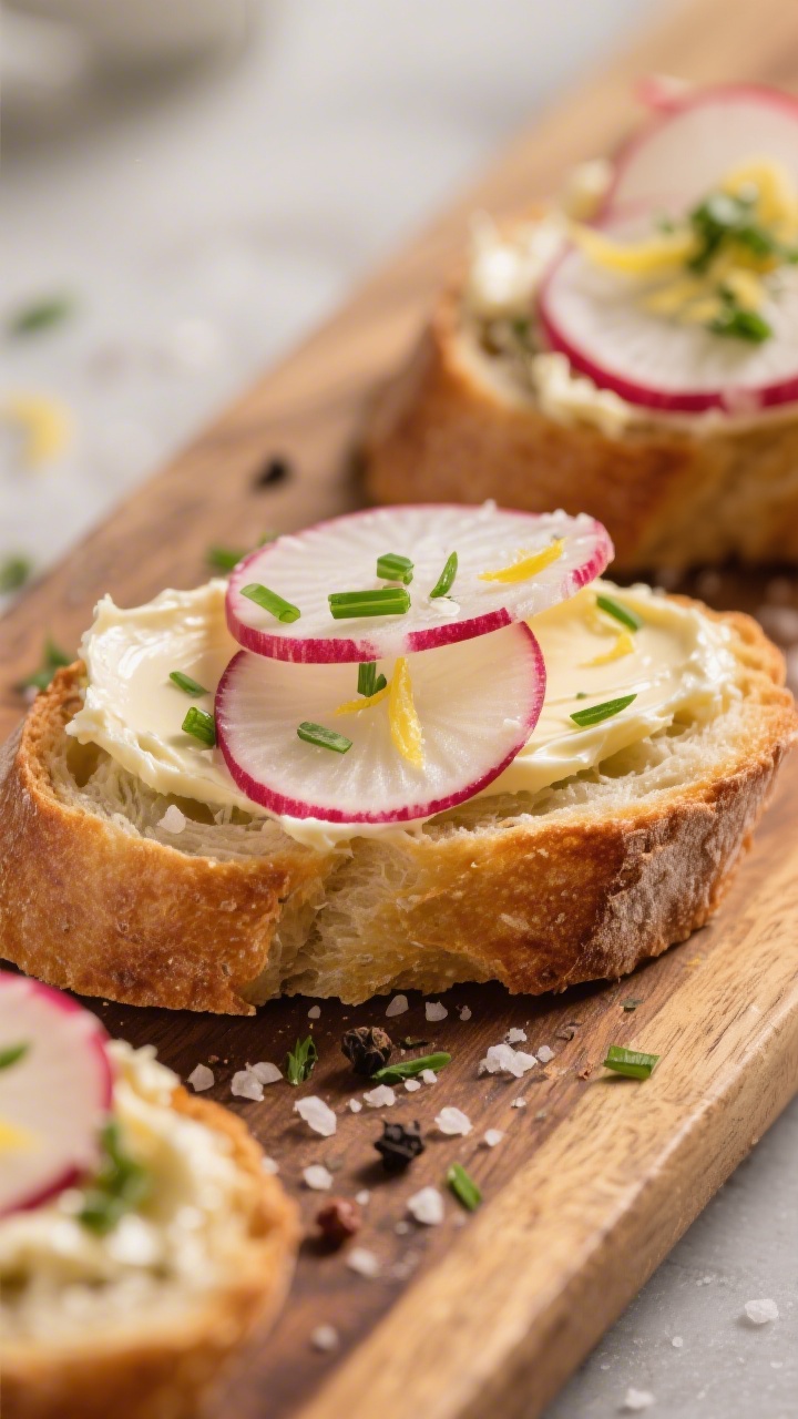 30 Spring Recipes That Are Light, Fresh & Full of Flavor You’ll Make on Repeat Close-up crostini board: toasted baguette slices spread with herb butter (softened butter with chives, parsley, lemon zest and juice), layered with paper-thin radish slices, finished with flaky salt and freshly cracked black pepper; tight focus on the glistening butter and crisp radish edges.